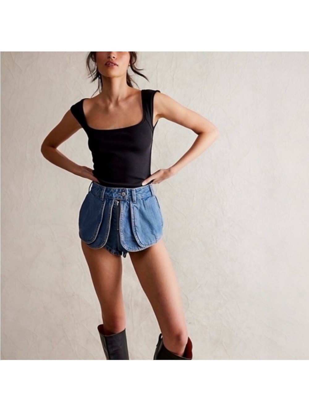 We The Free Scalloped Panel Denim Shorts - Blue